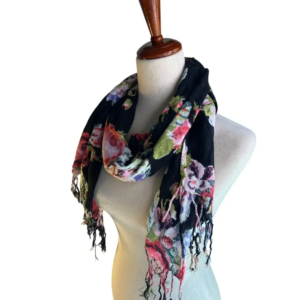 Black Floral Rose Print Fringe Scarf Boho Romantic Wrap